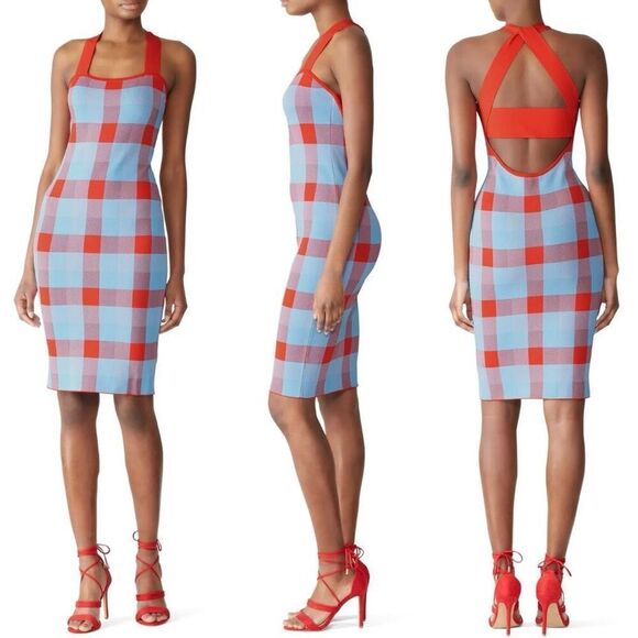 Parker Ayla Knit Midi Dress in Plaid Blue, Red Size M - Picture 12 of 12